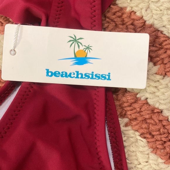 NWT BEACHSISSI S wine colored high cut one piece swimsuit with ruffle - Picture 3 of 6